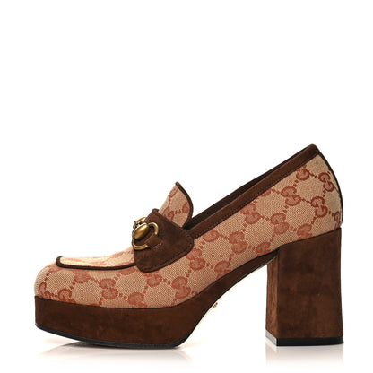 Gucci GG Monogram Suede Houdan Mid Heel Platform Loafers 35.5 Beige Ruggine Maroon 1 of 9