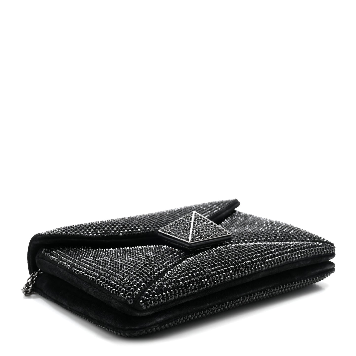 Crystal Suede Embellished Small One Stud Clutch With Chain Black