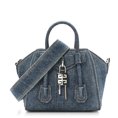 Denim Mini Lock Antigona Shoulder Bag Blue