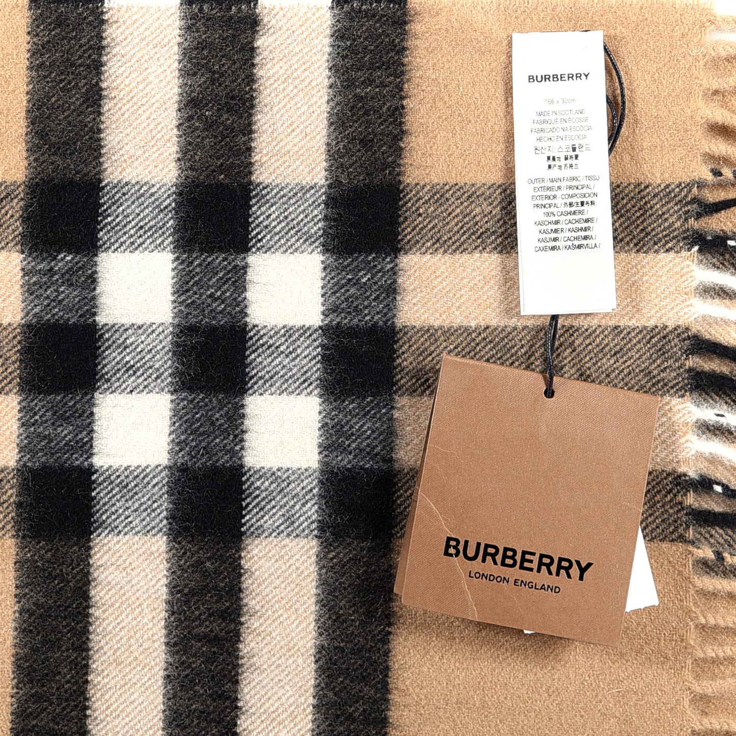 Cashmere Giant Check Fringe Scarf Archive Beige