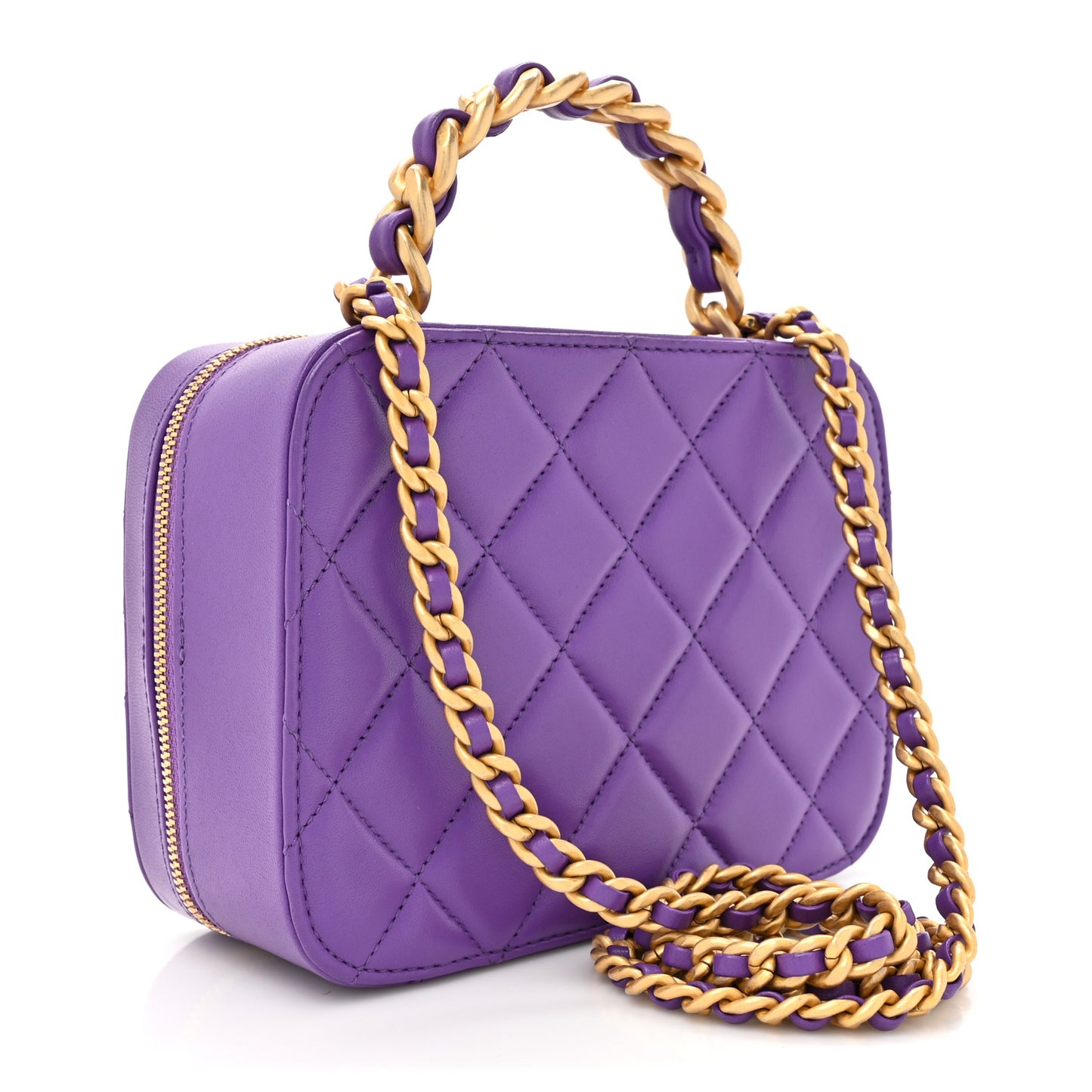 Lambskin Quilted Top Handle Small Vanity Case Purple