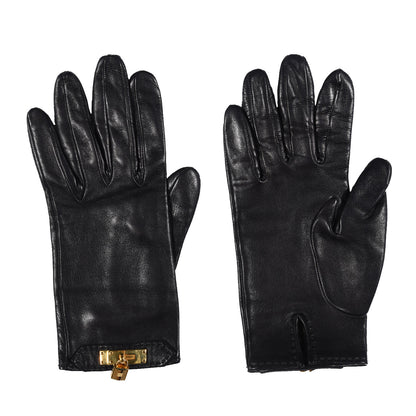 Hermes Lambskin Soya Kelly Lock Gloves 6.5 Black 1 of 5