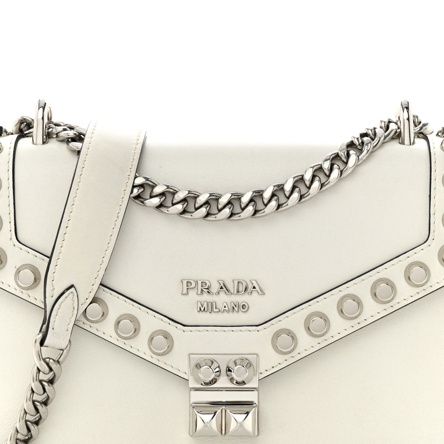 Prada Vitello Calfskin Studded Shoulder Bag White 7 of 16