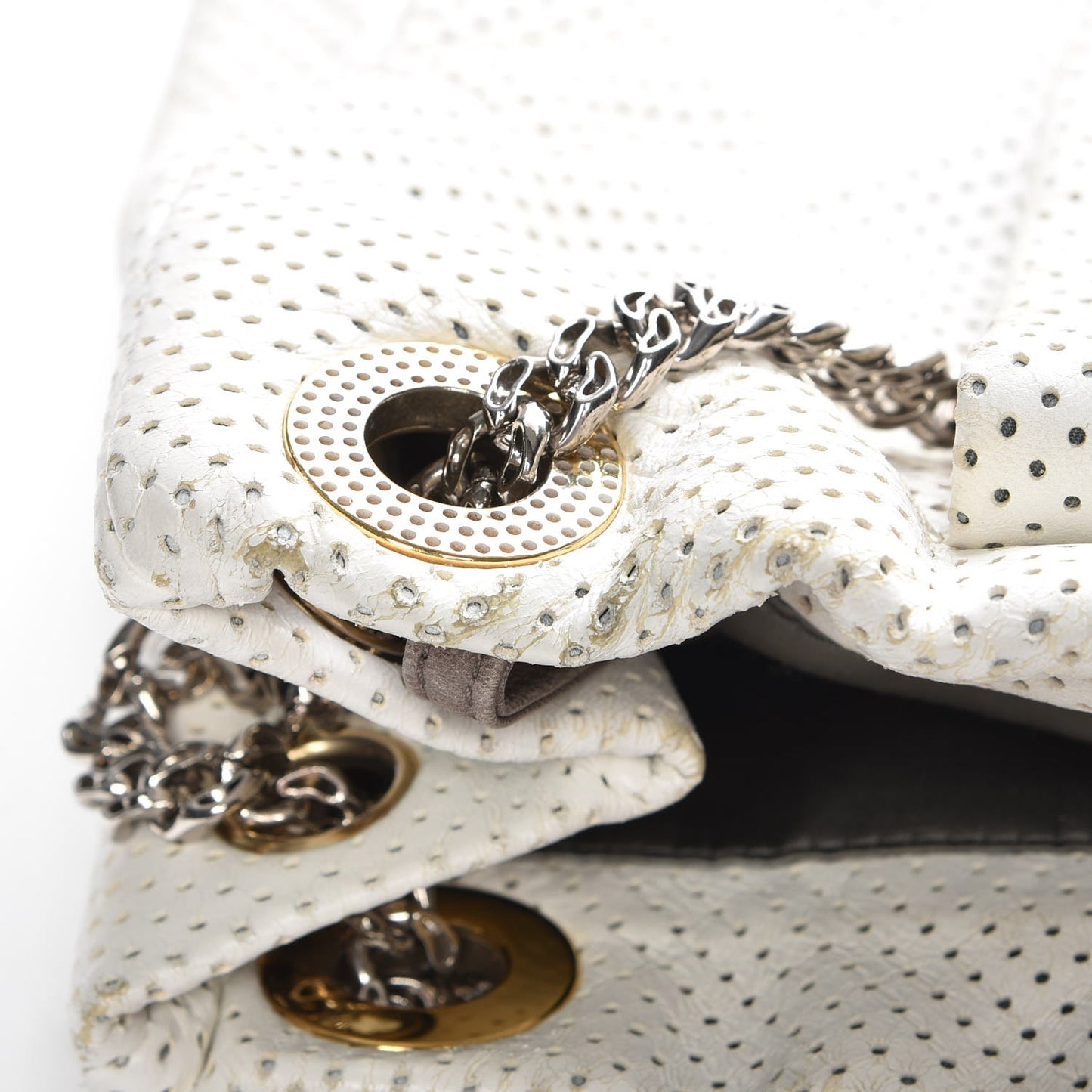 Perforated Calfskin Drill Shoulder Bag White