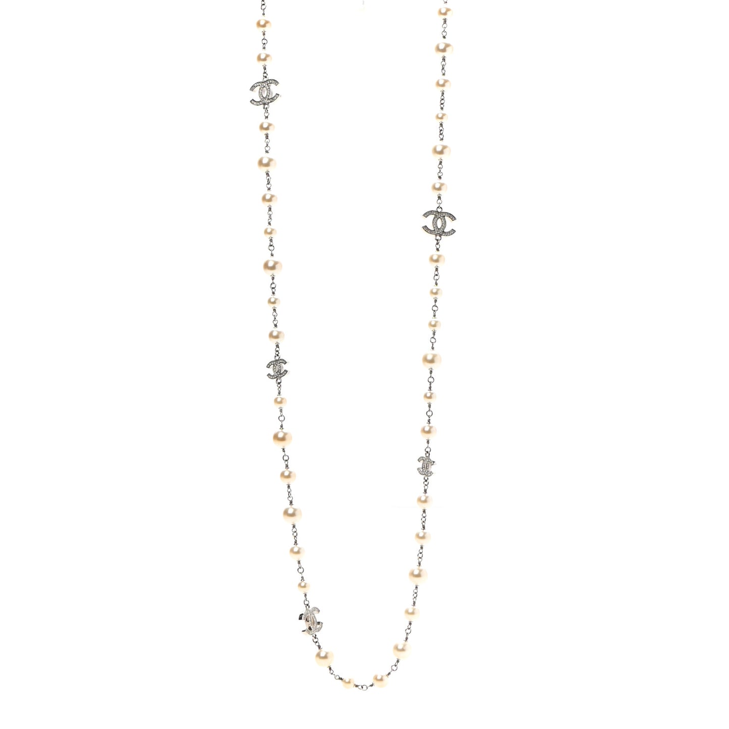 Crystal Pearl CC Long Necklace Silver