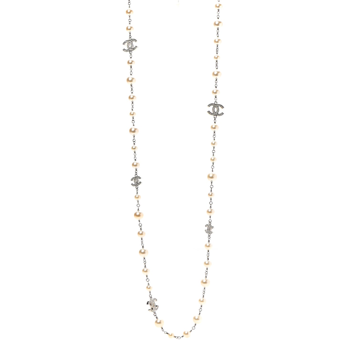 Chanel Crystal Pearl CC Long Necklace Silver 1 of 5