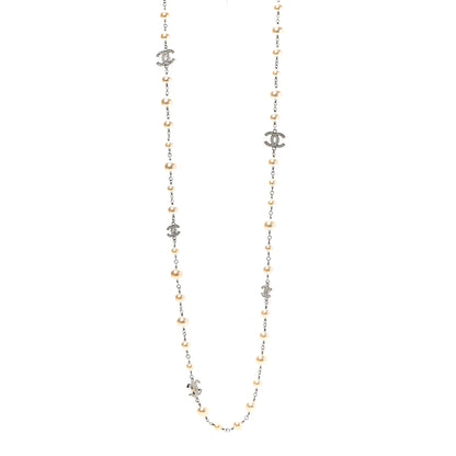 Chanel Crystal Pearl CC Long Necklace Silver 1 of 5