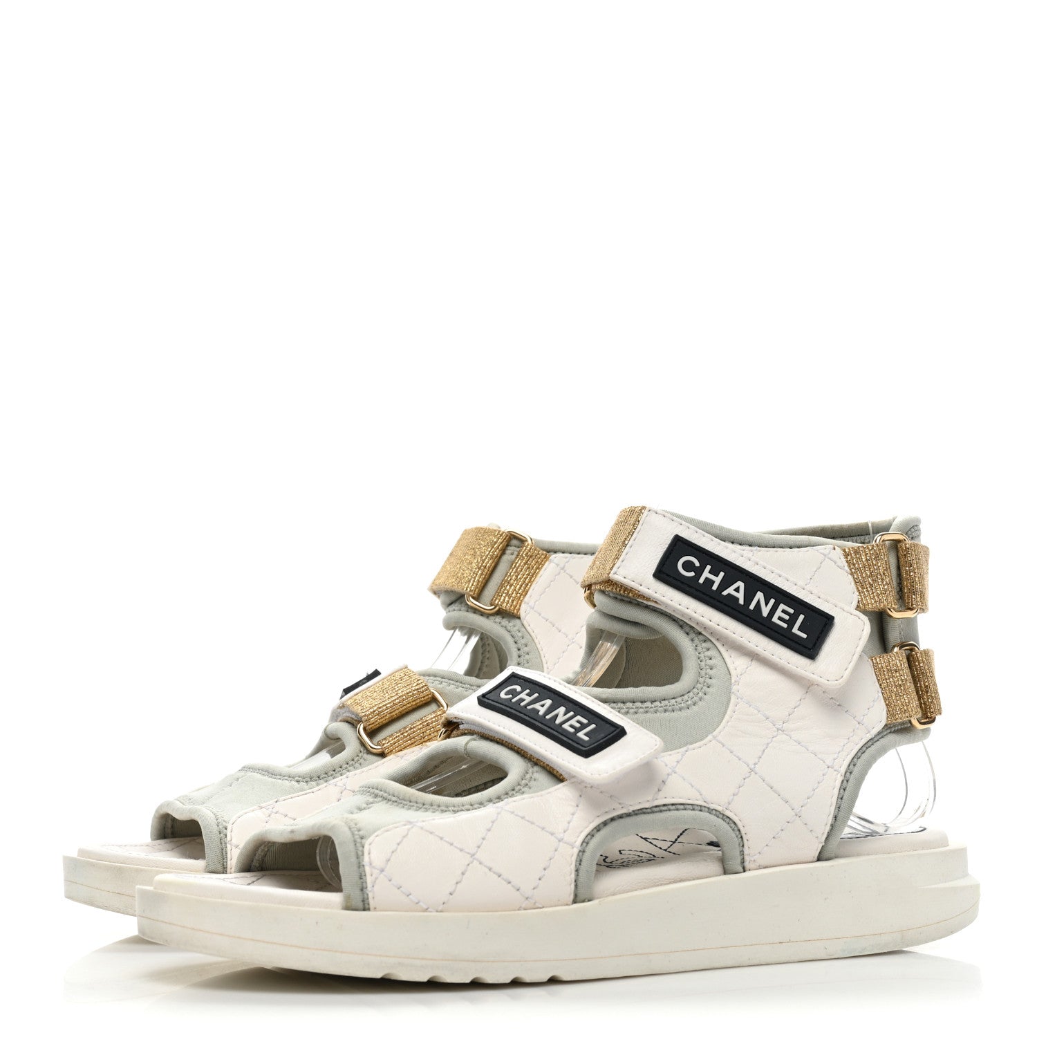 Chanel Goatskin Fabric Gladiator Sandals 36.5 White Light Grey Navy Blue 3 of 14