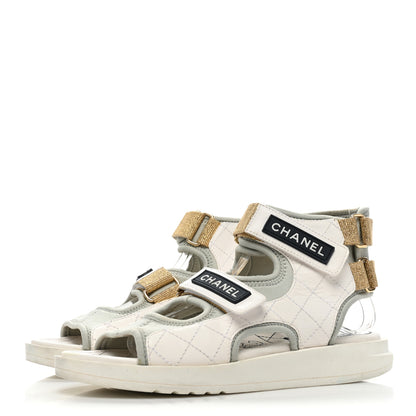 Chanel Goatskin Fabric Gladiator Sandals 36.5 White Light Grey Navy Blue 3 of 14