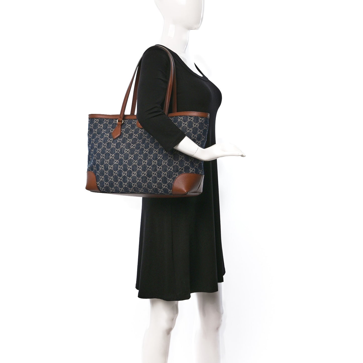 New Denim GG Monogram Medium Ophidia Shopping Tote Blue Tea Cuir