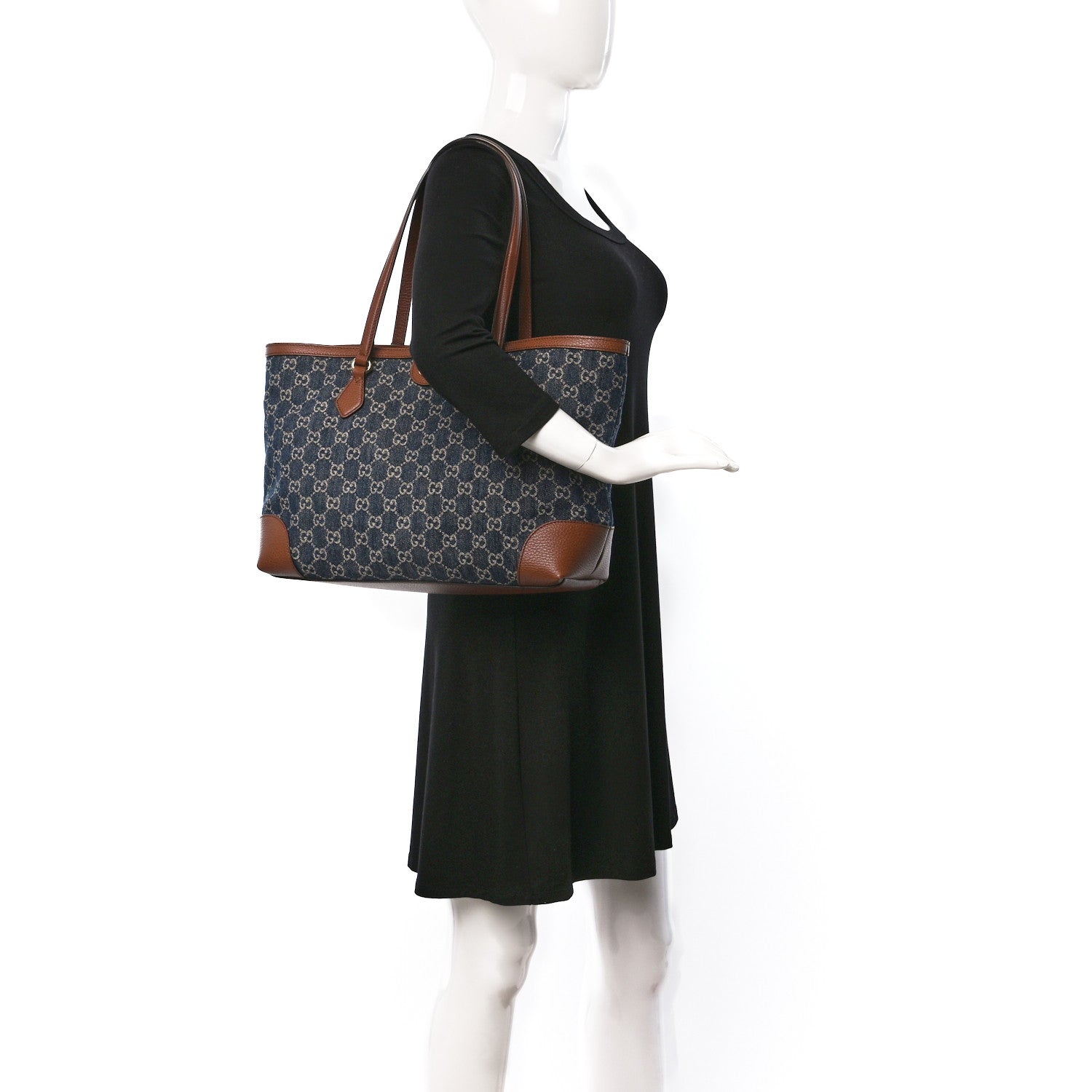Gucci New Denim GG Monogram Medium Ophidia Shopping Tote Blue Tea Cuir 2 of 9
