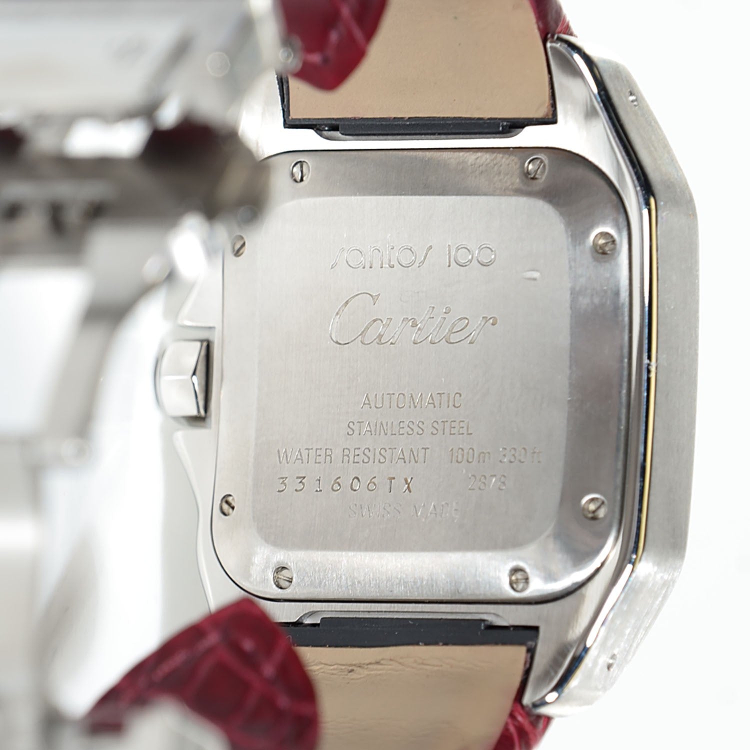 Cartier Stainless Steel Alligator 33mm Santos 100 Automatic Watch Red 6 of 8