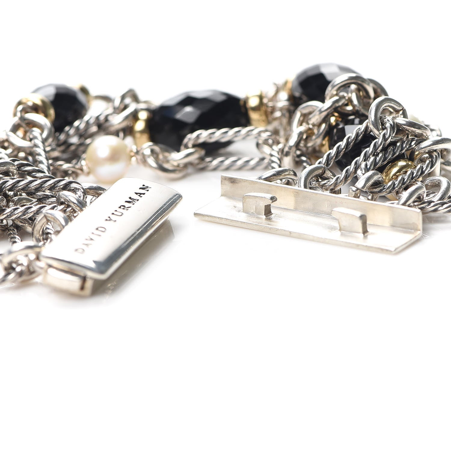 David Yurman Sterling Silver 18K Yellow Gold Black Onyx Pearl Multi Strand Figaro Bracelet 4 of 4