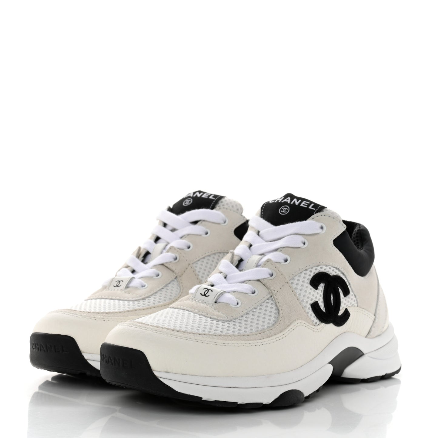 Mesh Suede Calfskin Grained Calfskin Womens CC Sneakers 36.5 White Black