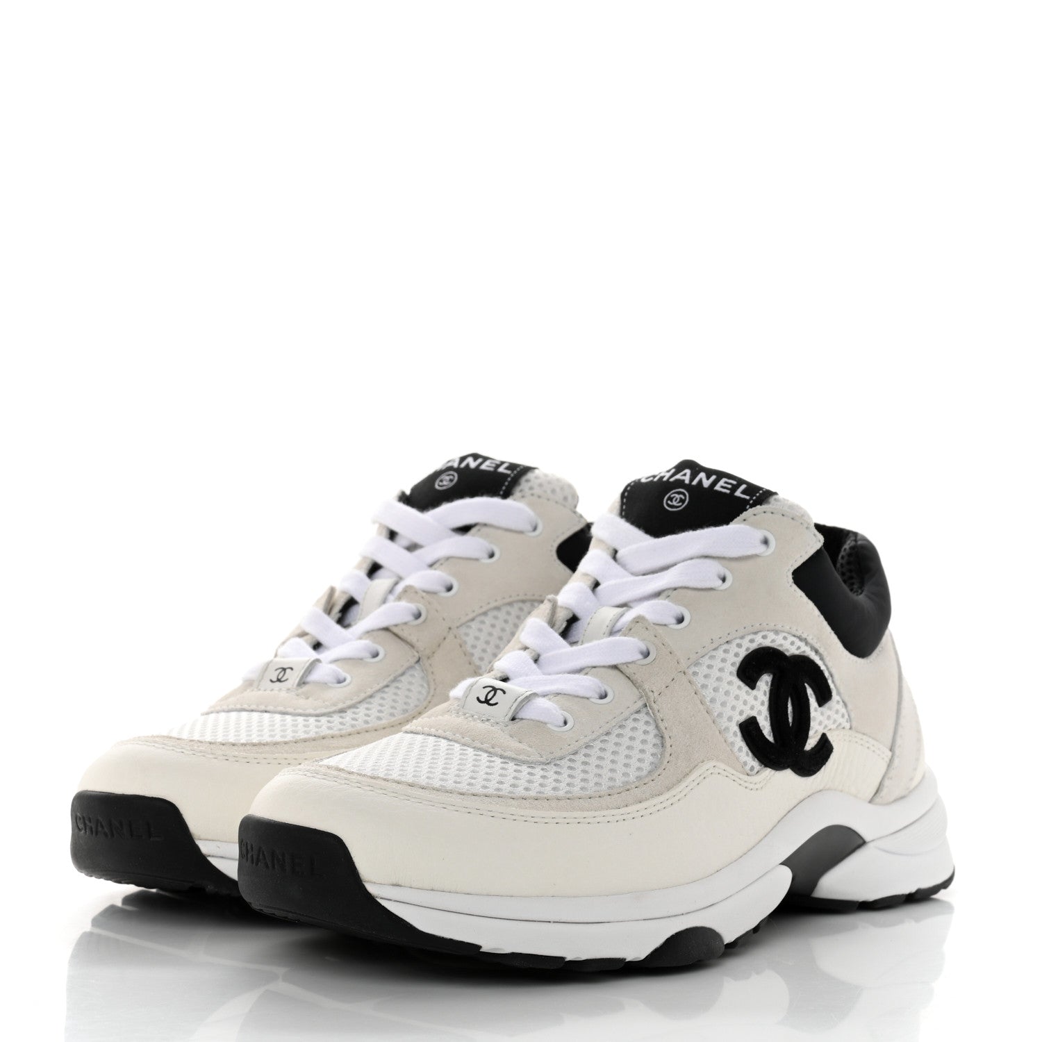 Chanel Mesh Suede Calfskin Grained Calfskin Womens CC Sneakers 36.5 White Black 3 of 9
