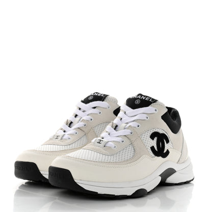 Chanel Mesh Suede Calfskin Grained Calfskin Womens CC Sneakers 36.5 White Black 3 of 9