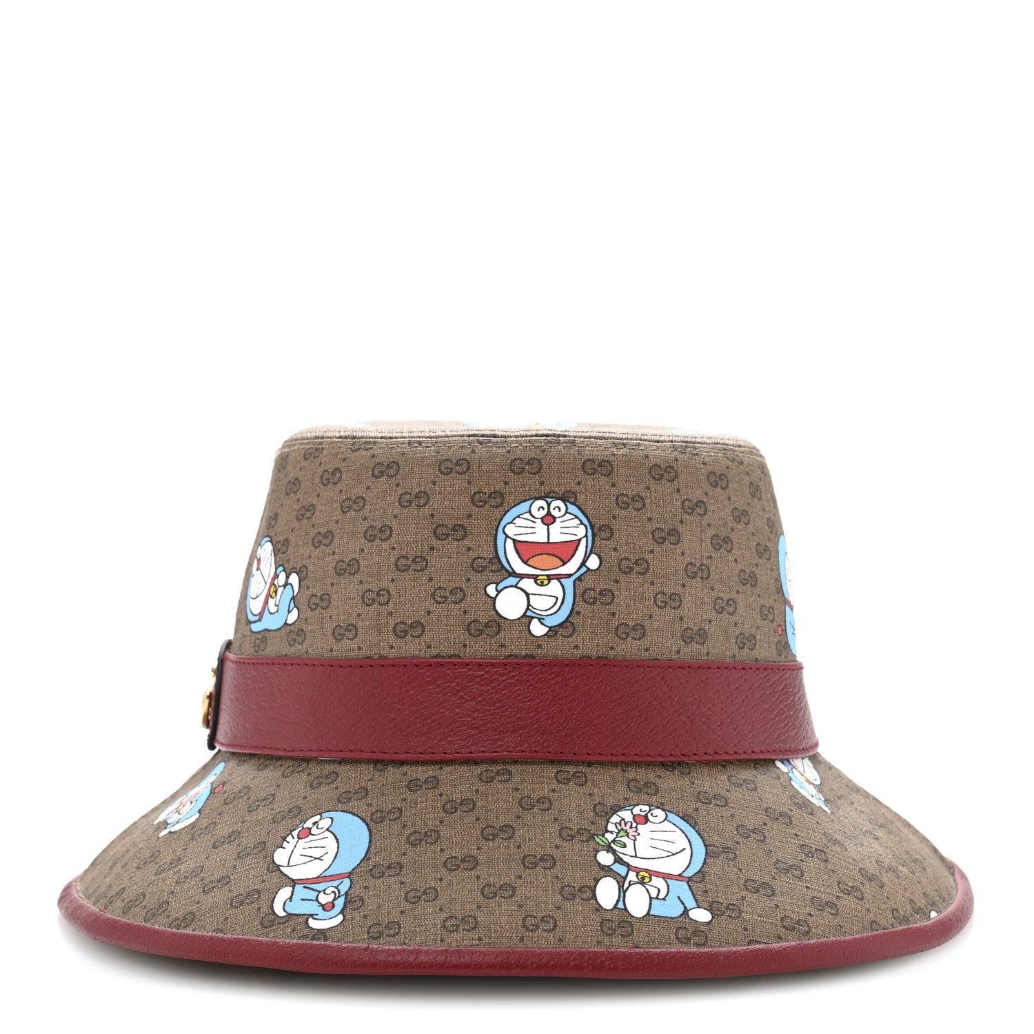 Gucci X DORAEMON Mini Vintage GG Supreme Monogram Textured Dollar Calfskin Bucket Hat S Beige Cherry Red 4 of 11