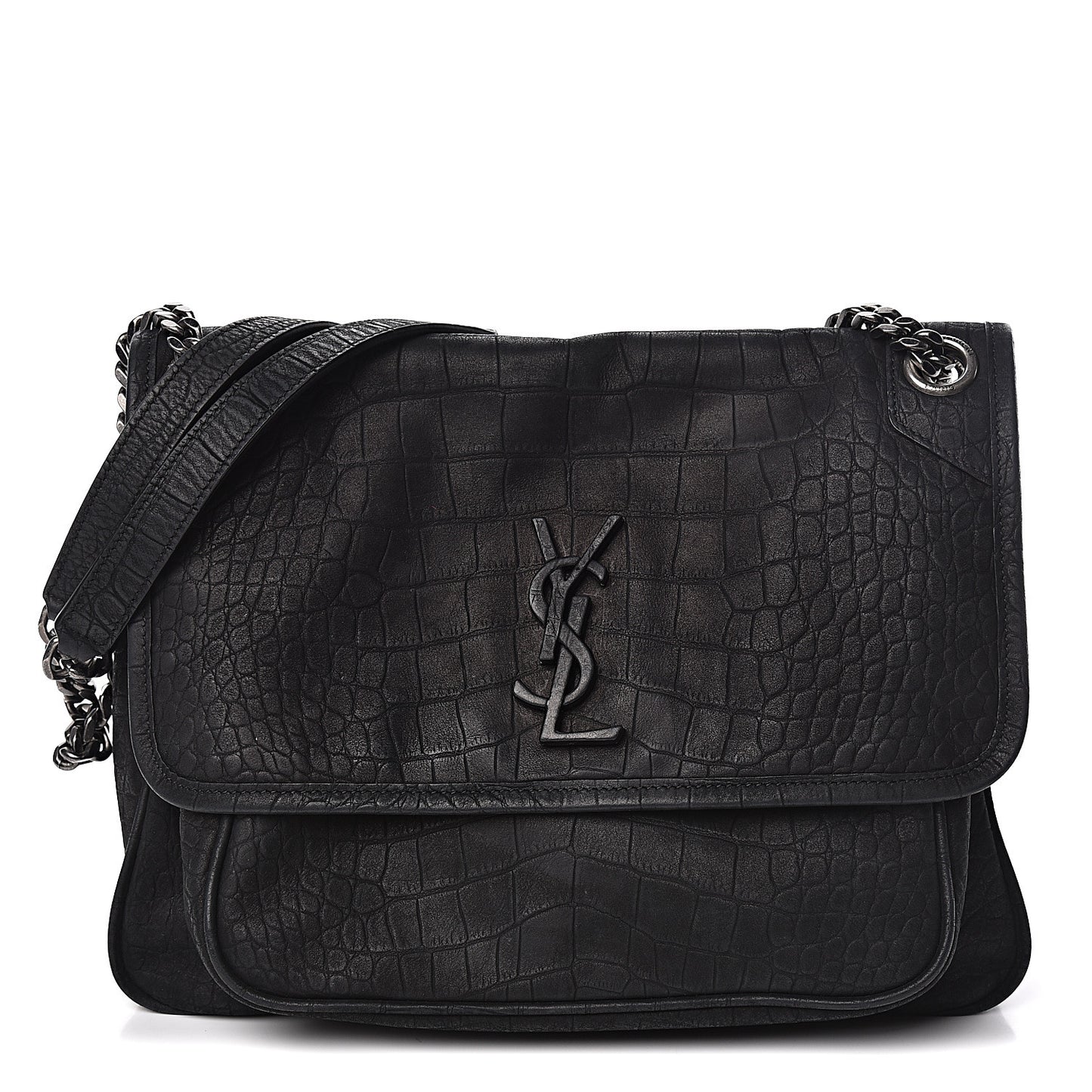 Nubuck Crocodile Embossed Monogram Medium Niki Chain Satchel Black
