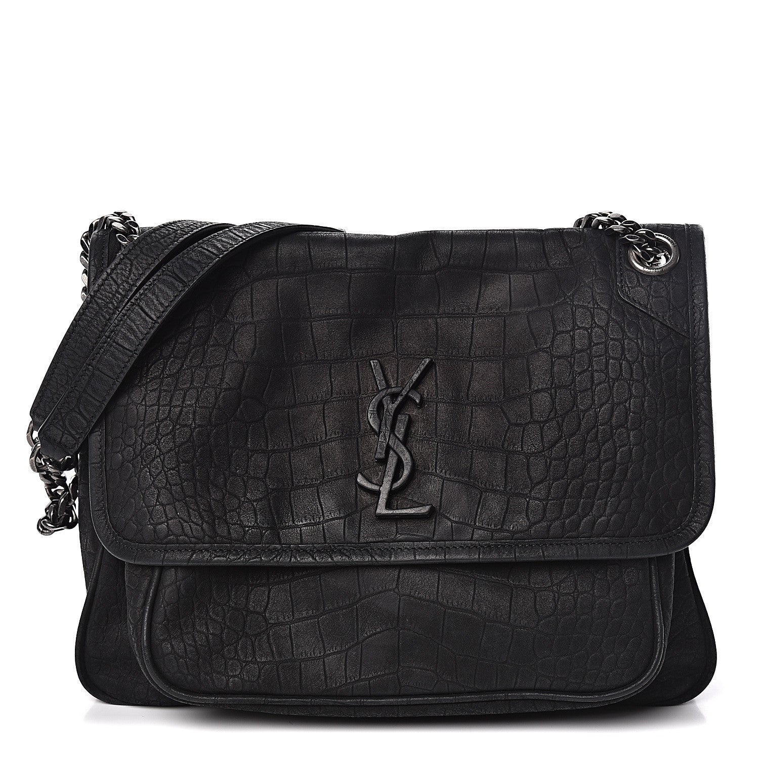 Saint Laurent Nubuck Crocodile Embossed Monogram Medium Niki Chain Satchel Black 1 of 17