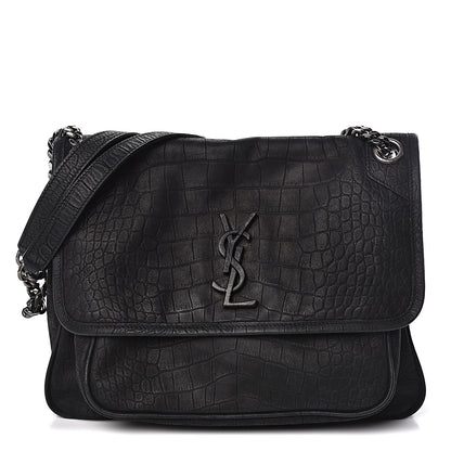 Saint Laurent Nubuck Crocodile Embossed Monogram Medium Niki Chain Satchel Black 1 of 17