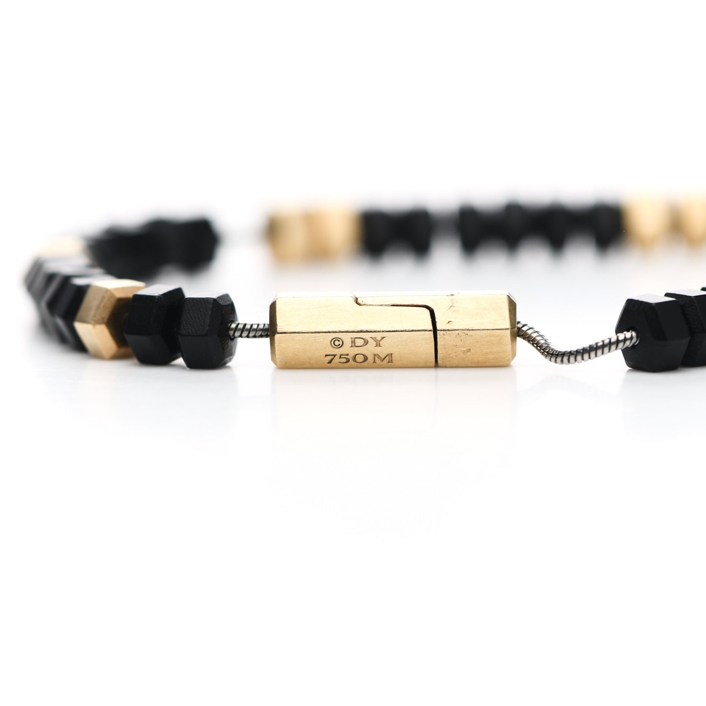 18K Yellow Gold Rubber Mens Hex Bead Bracelet Black