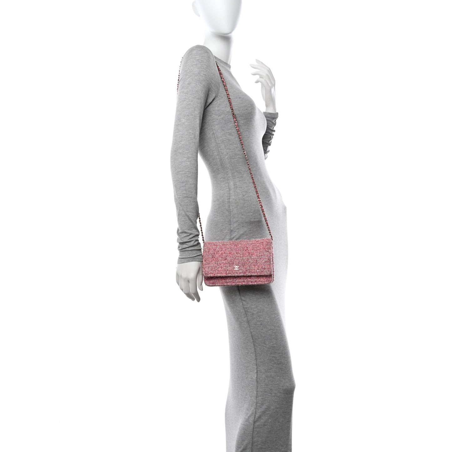 Tweed Quilted Wallet On Chain WOC Pink