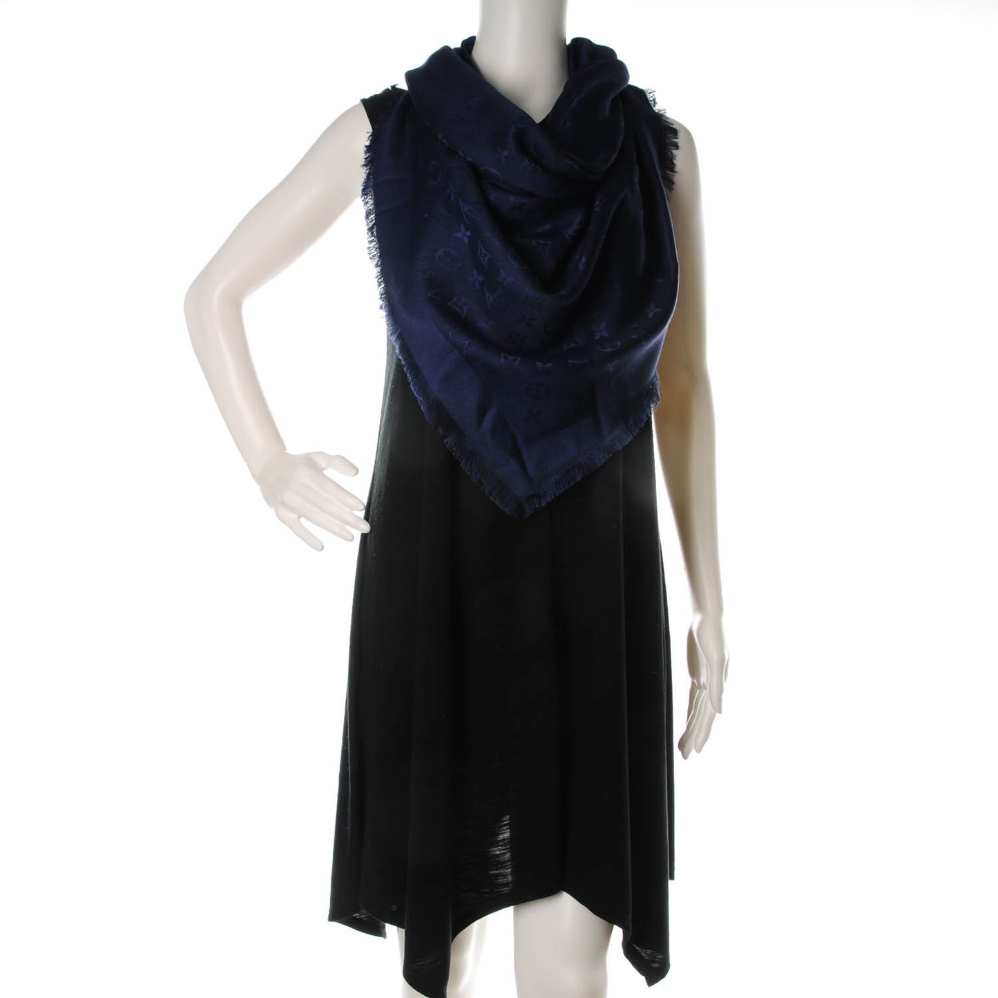 Wool Silk Monogram Shawl Blue Nuit