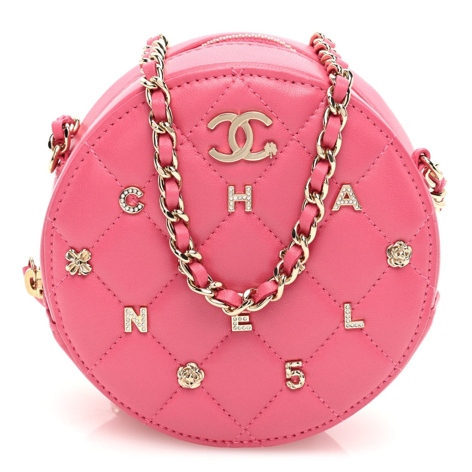Chanel Lambskin Quilted Studded Round Clutch With Chain Dark Pink 1 of 10