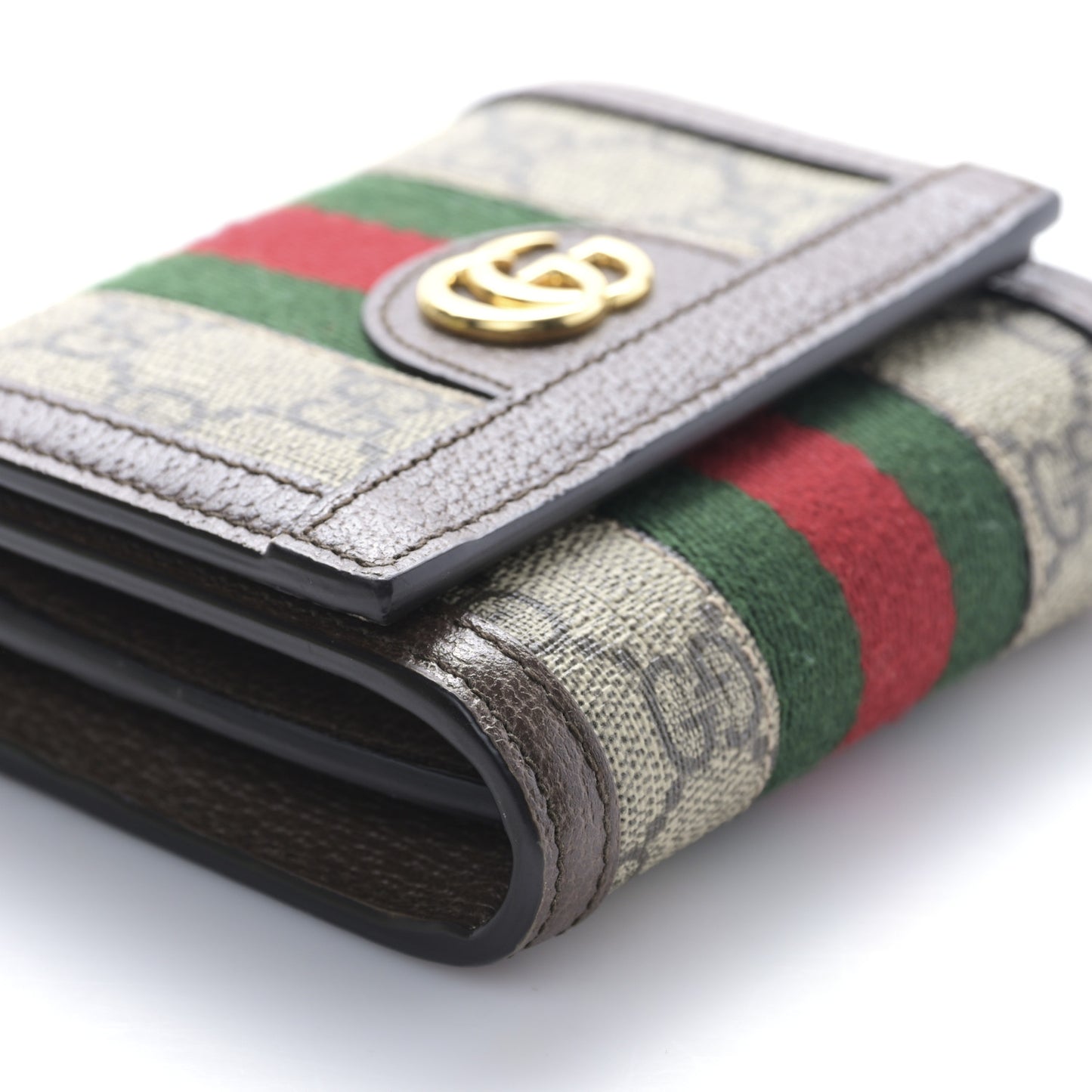 GG Supreme Monogram Textured Calfskin Web Ophidia Card Case Wallet Beige Ebony New Acero