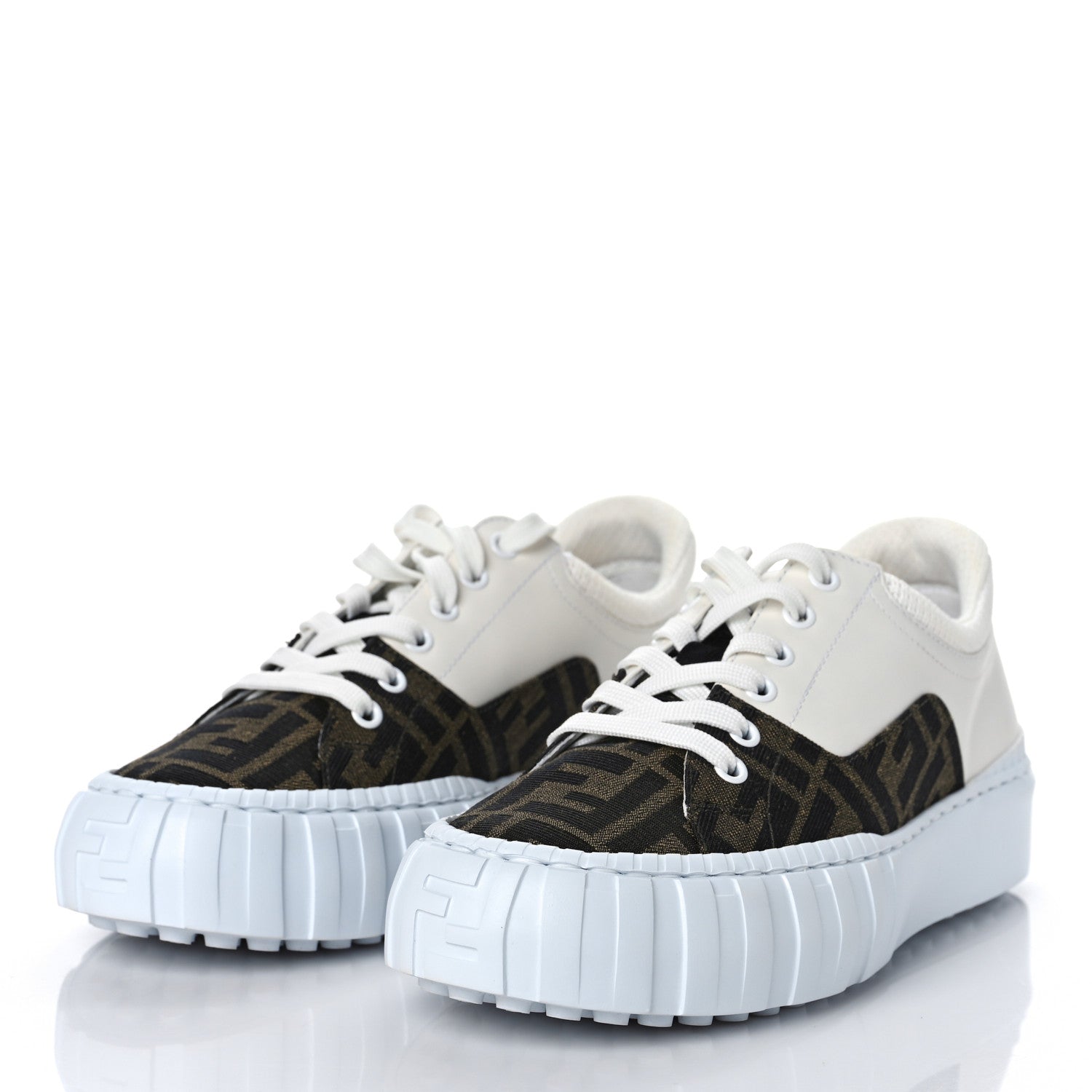 Fendi Fabric Jacquard Vitello Technical Fabric FF Womens Fendi Force Low Top Sneakers 38 Tobacco Black Ultrawhite White 4 of 10