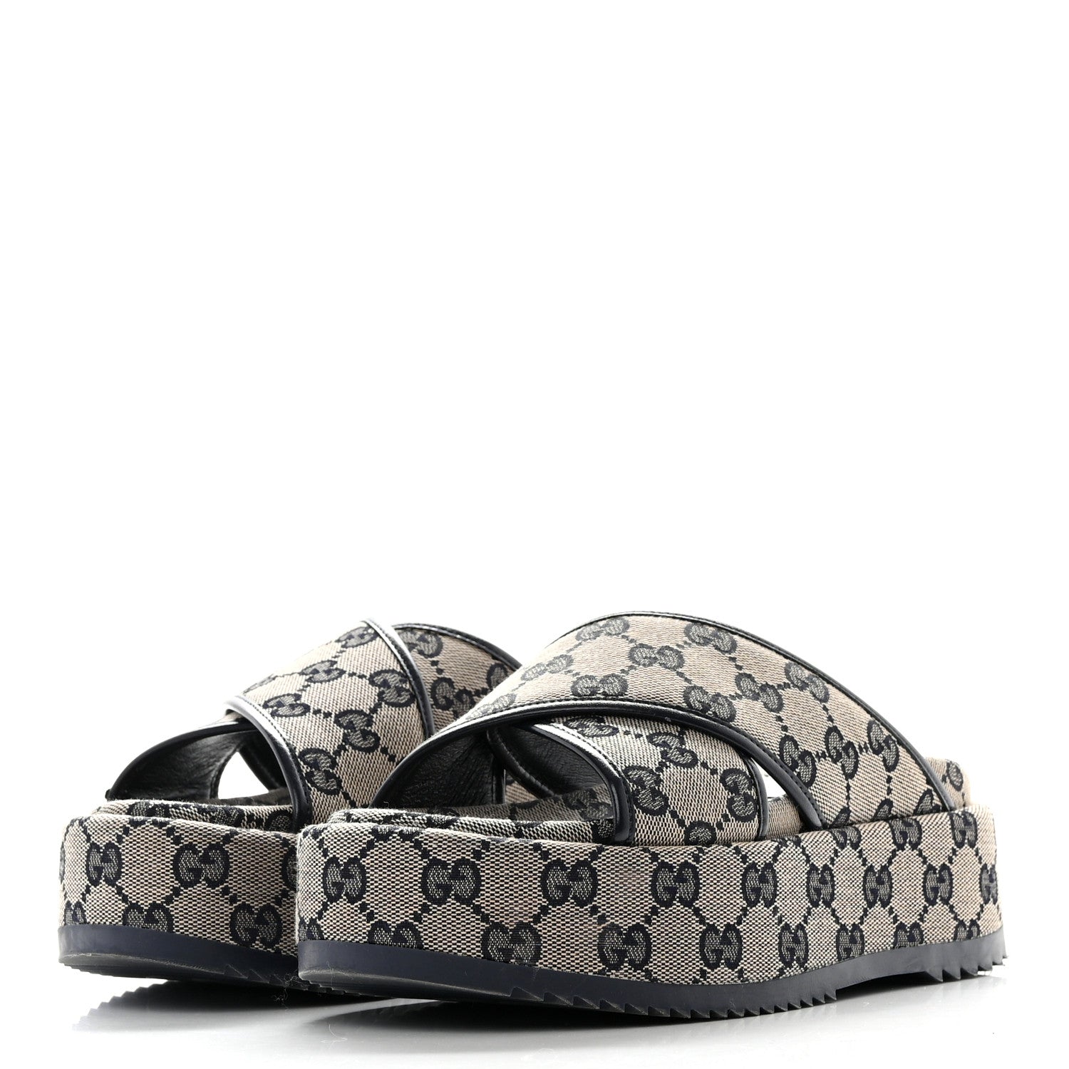 Gucci Monogram Criss Cross Platform Slide Sandals 34.5 Beige Blue 3 of 11
