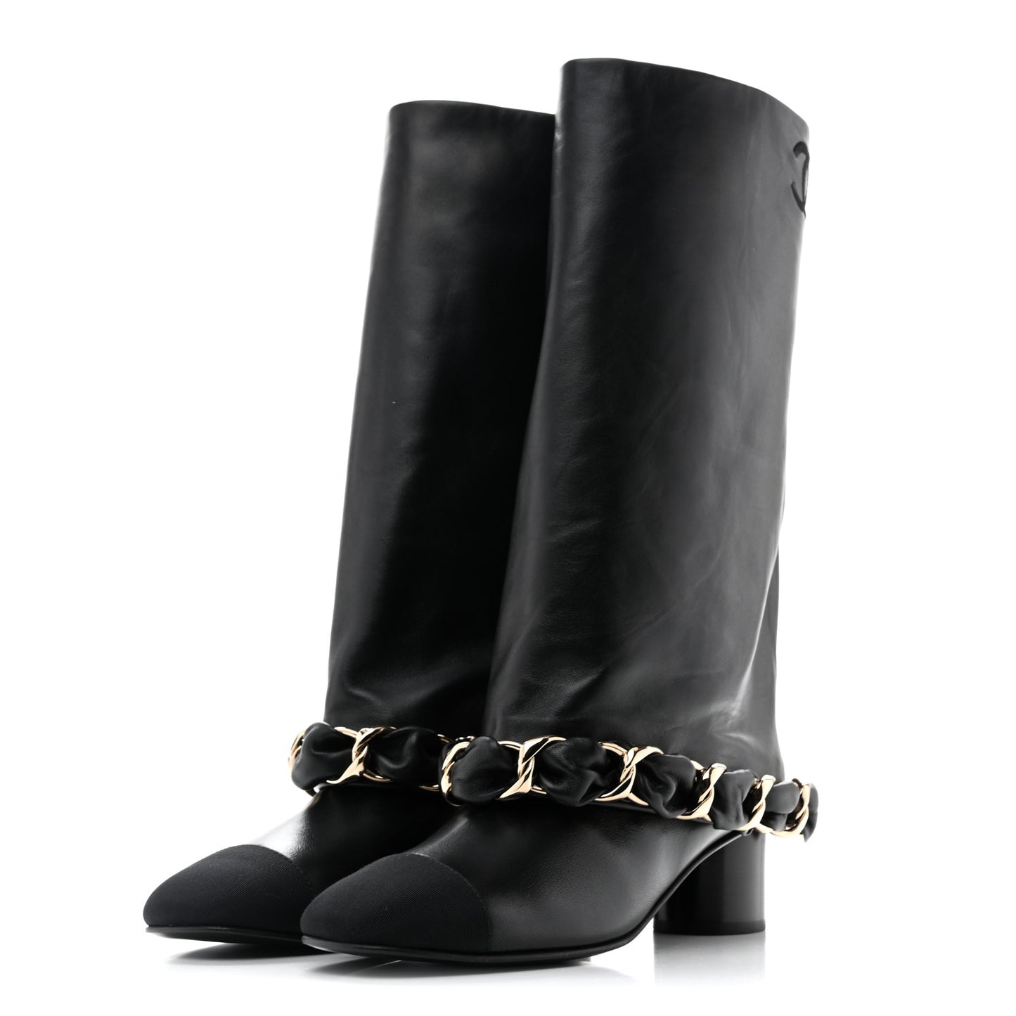 Lambskin Grosgrain Cap Toe Chain High Boots  39.5 Black