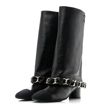Chanel Lambskin Grosgrain Cap Toe Chain High Boots  39.5 Black 3 of 9
