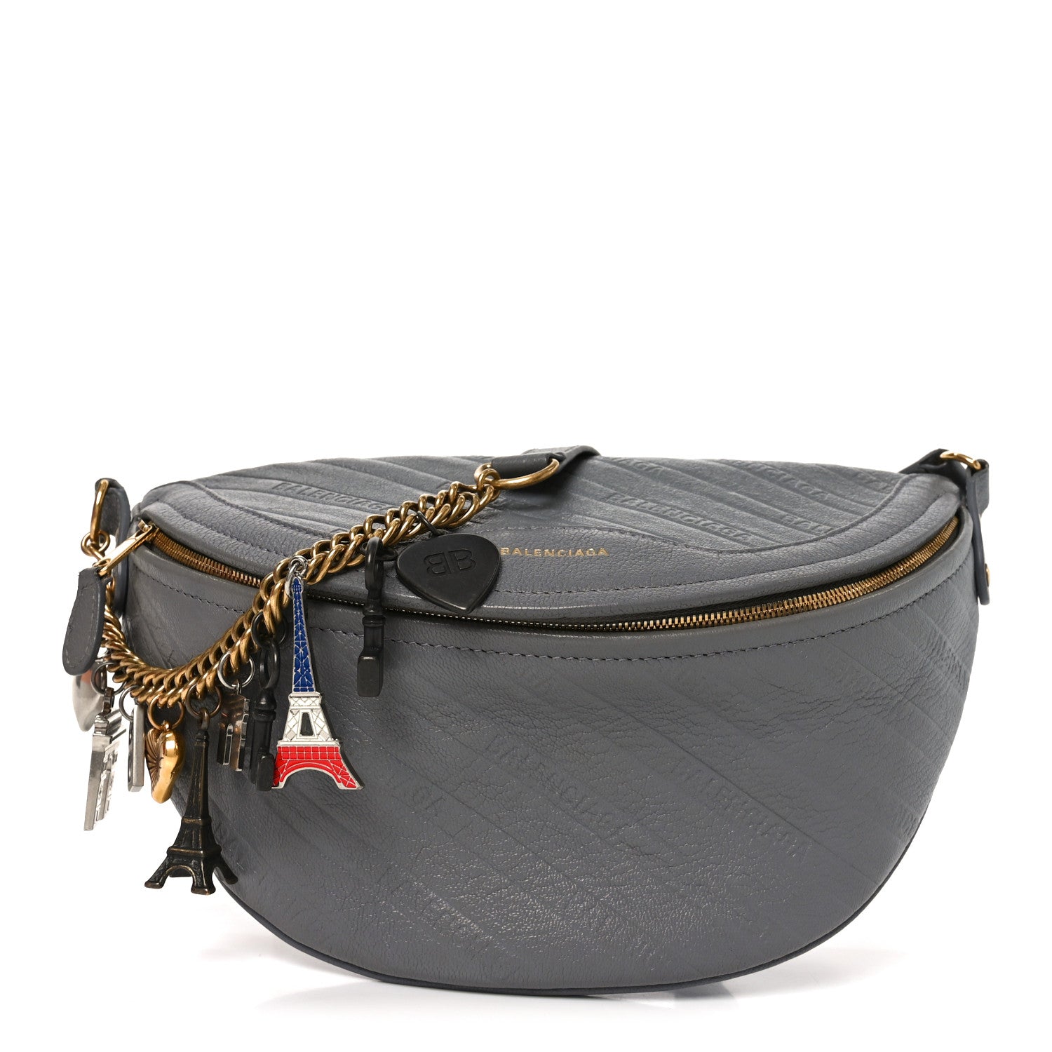 Balenciaga Shiny Goatskin Allover Logo Embossed XS Souvenir Belt Bag Gris 1 of 9