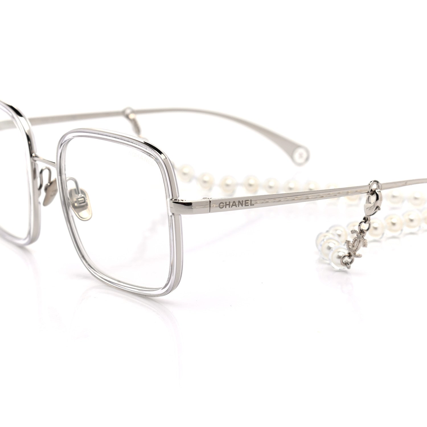Chanel Metal Removable Pearl Chain Square Eyeglasses 2195-S Silver 7 of 10