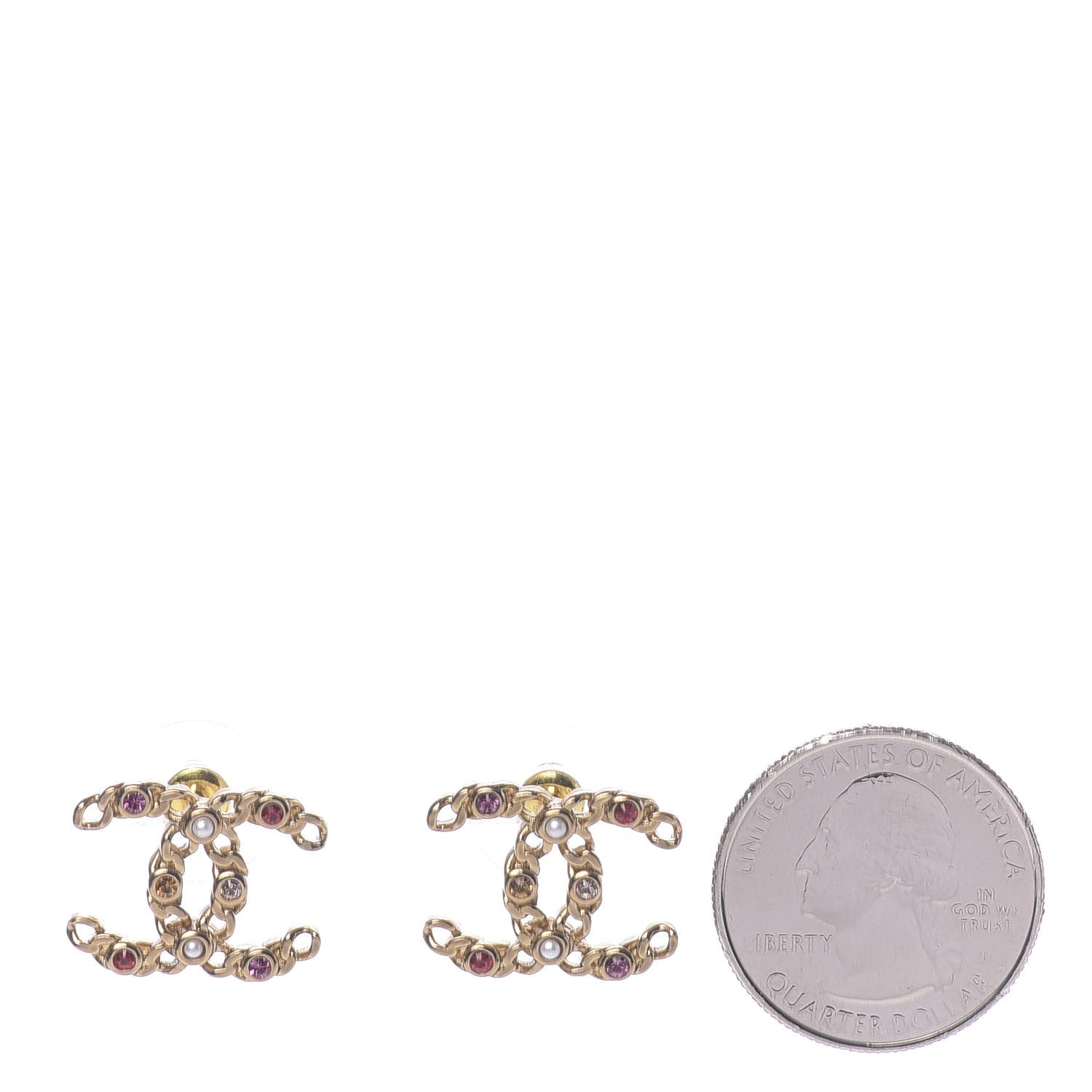 Chanel Pearl Crystal Chain Link CC Earrings Gold Red Pink Yellow 2 of 5