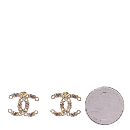 Chanel Pearl Crystal Chain Link CC Earrings Gold Red Pink Yellow 2 of 5