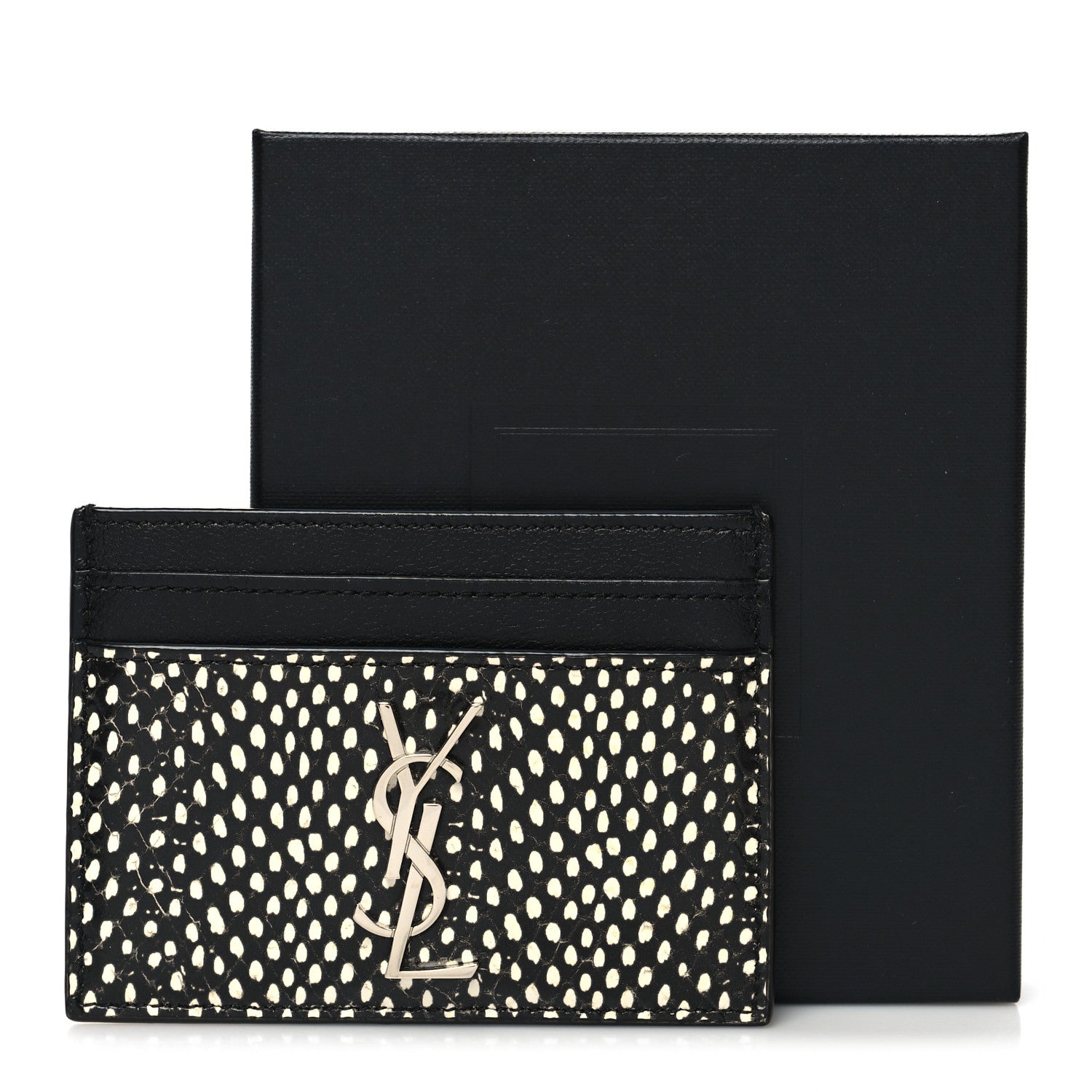 Saint Laurent Calfskin Lambskin Snakeskin Embossed Monogram Credit Card Case Black White 9 of 9