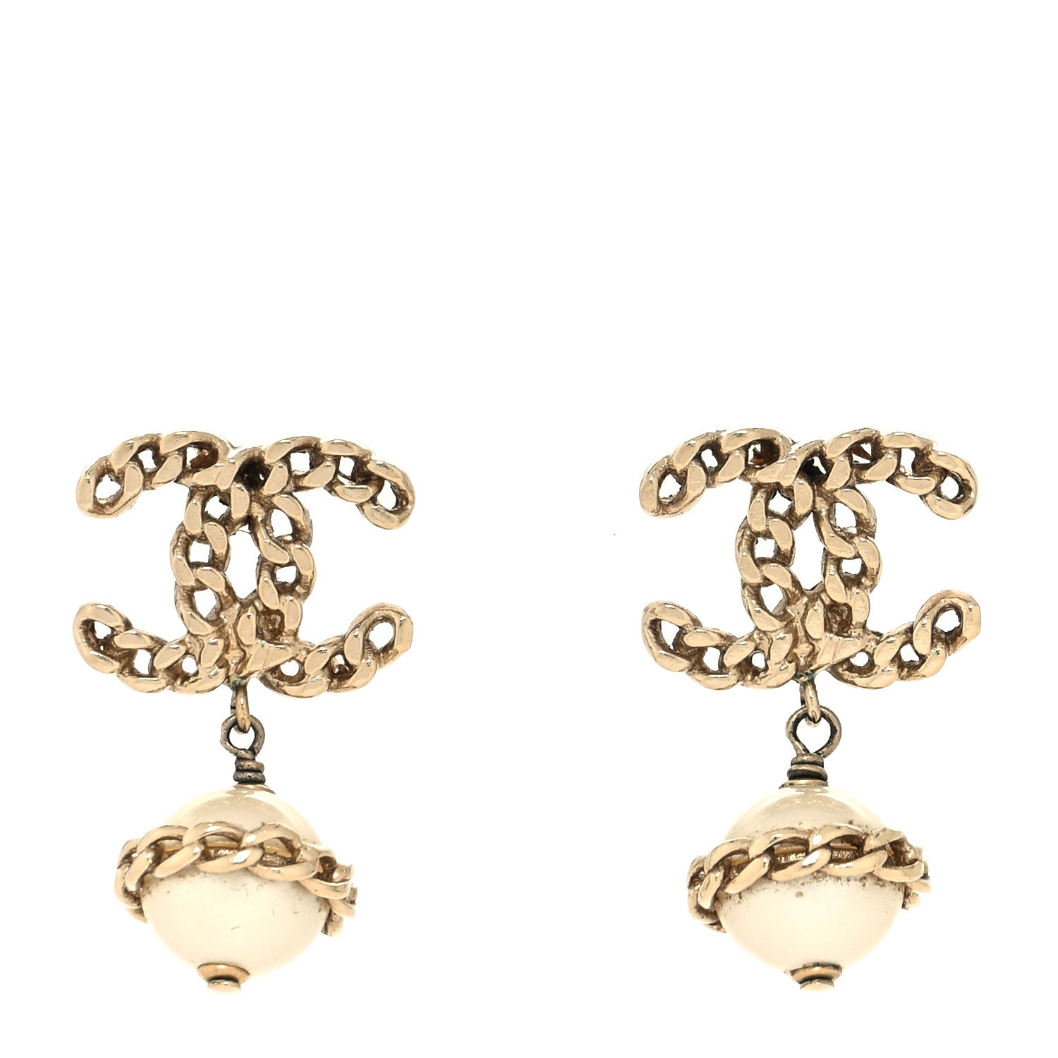 Chanel Metal Pearl CC Chain Drop Earrings Gold 1 of 4