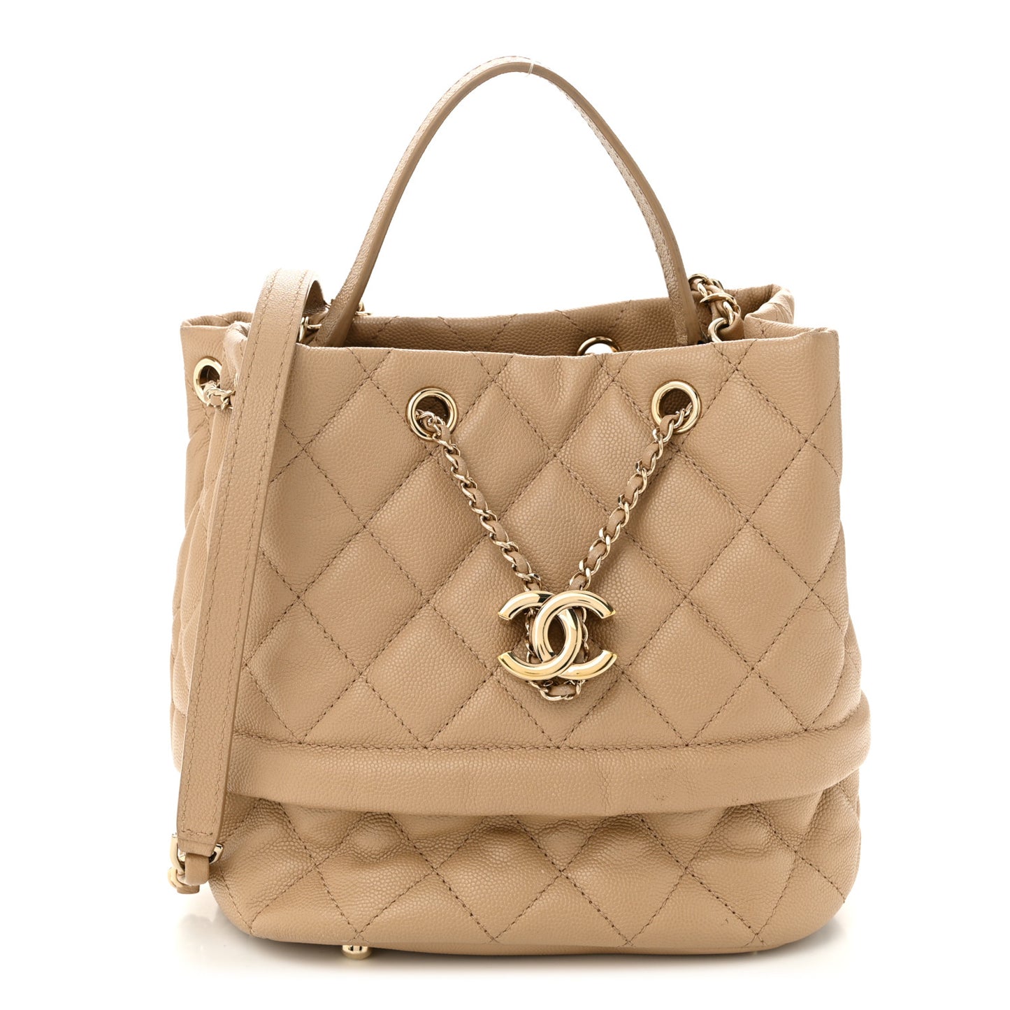 Caviar Quilted Rolled Up Bucket Drawstring Bag Beige