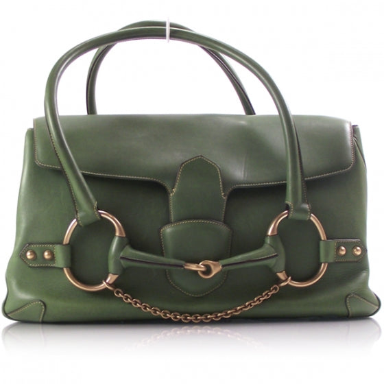 Leather Large Horsebit Flap Tote Hobo Bag Green