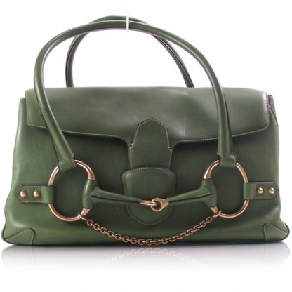 Gucci Leather Large Horsebit Flap Tote Hobo Bag Green 1 of 10