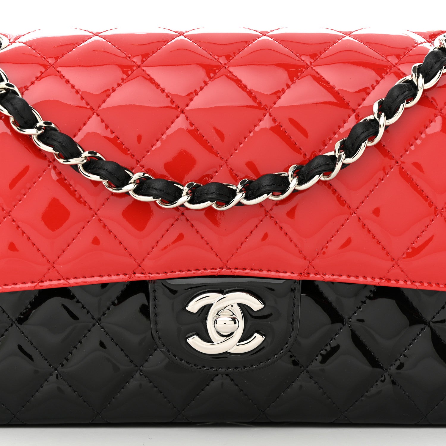 Chanel Patent Calfskin Quilted Bi-Color Medium Double Flap Black Red 8 of 11