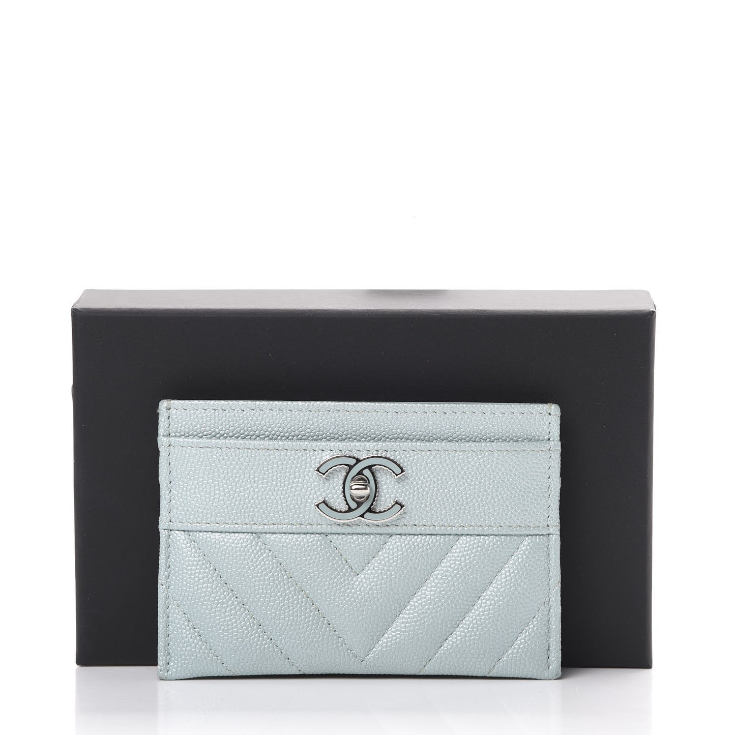 Metallic Caviar Chevron Quilted Vintage Mademoiselle Card Holder Light Blue