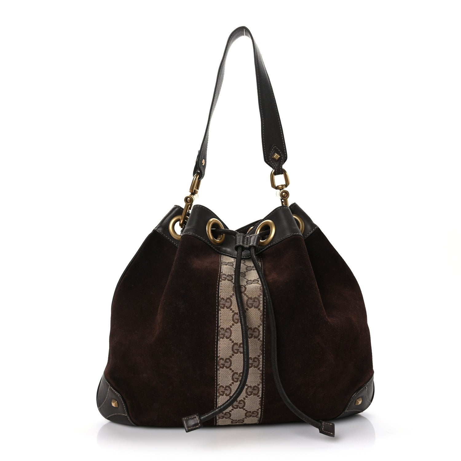 Gucci Suede Monogram Drawstring Bag Brown 1 of 10