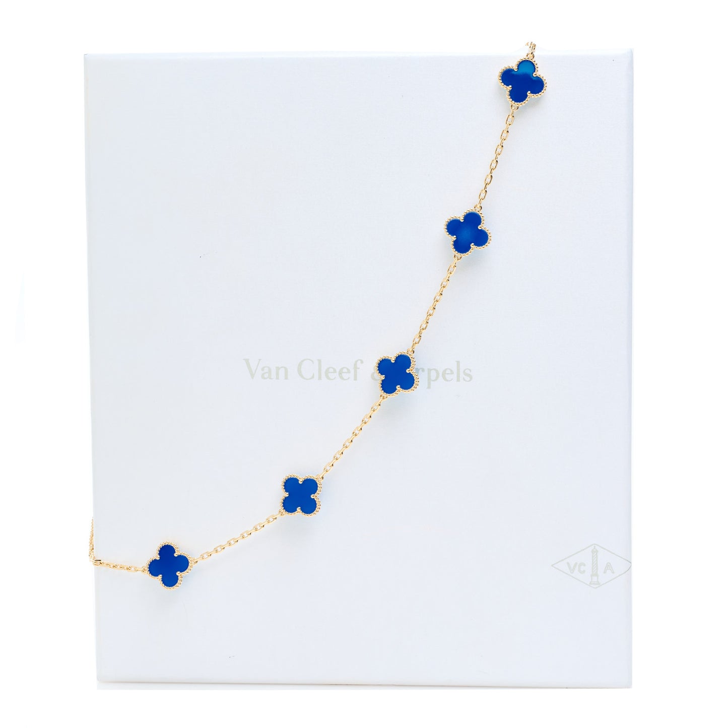 18K Yellow Gold Blue Agate 10 Motifs Vintage Alhambra Necklace