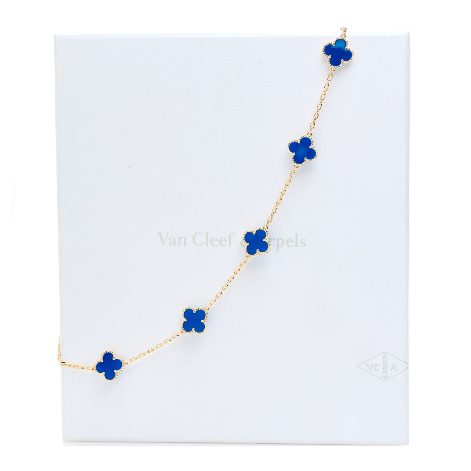 Van Cleef & Arpels 18K Yellow Gold Blue Agate 10 Motifs Vintage Alhambra Necklace 7 of 7