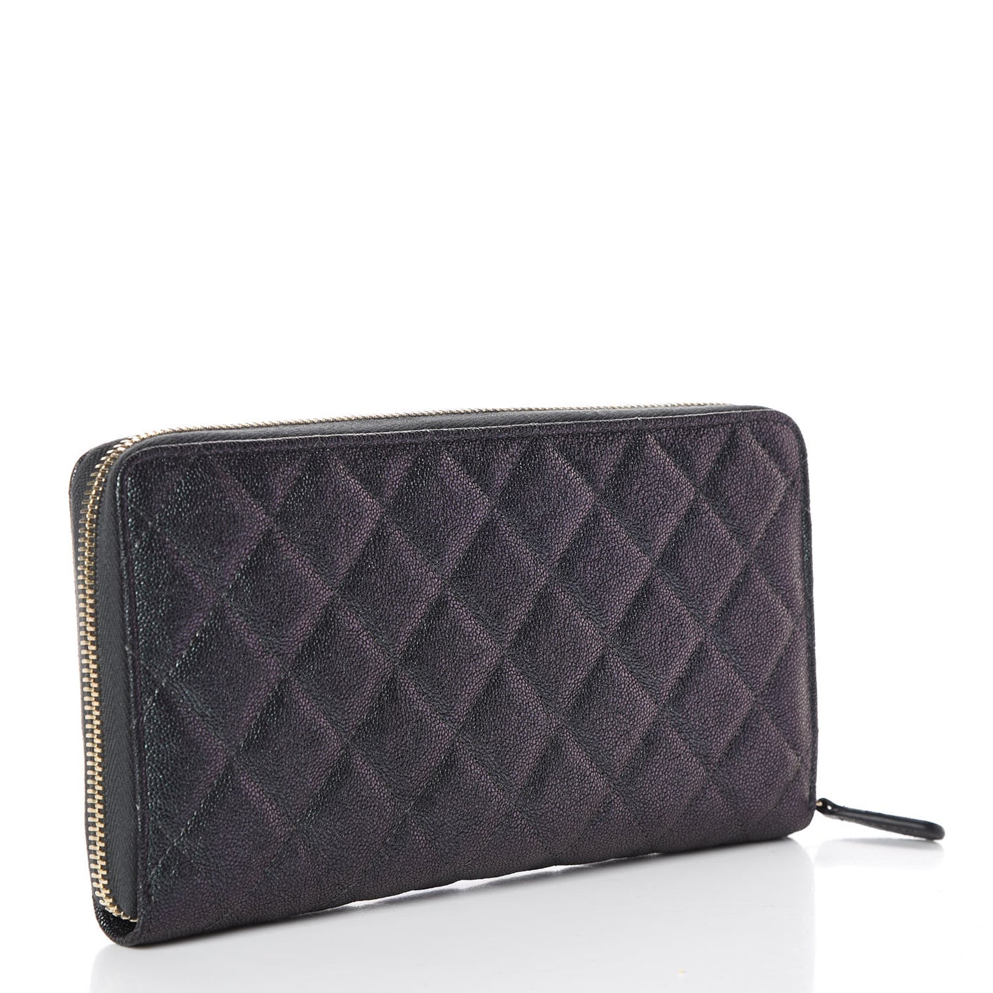 Iridescent Caviar Quilted Large Zip Around Organizer Wallet Black