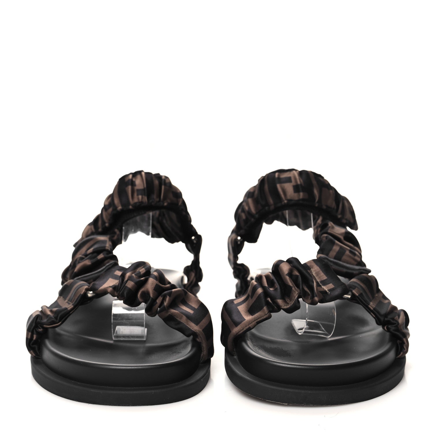 Fendi Satin FF Ruched Sandals 38.5 Tobacco Black 2 of 8