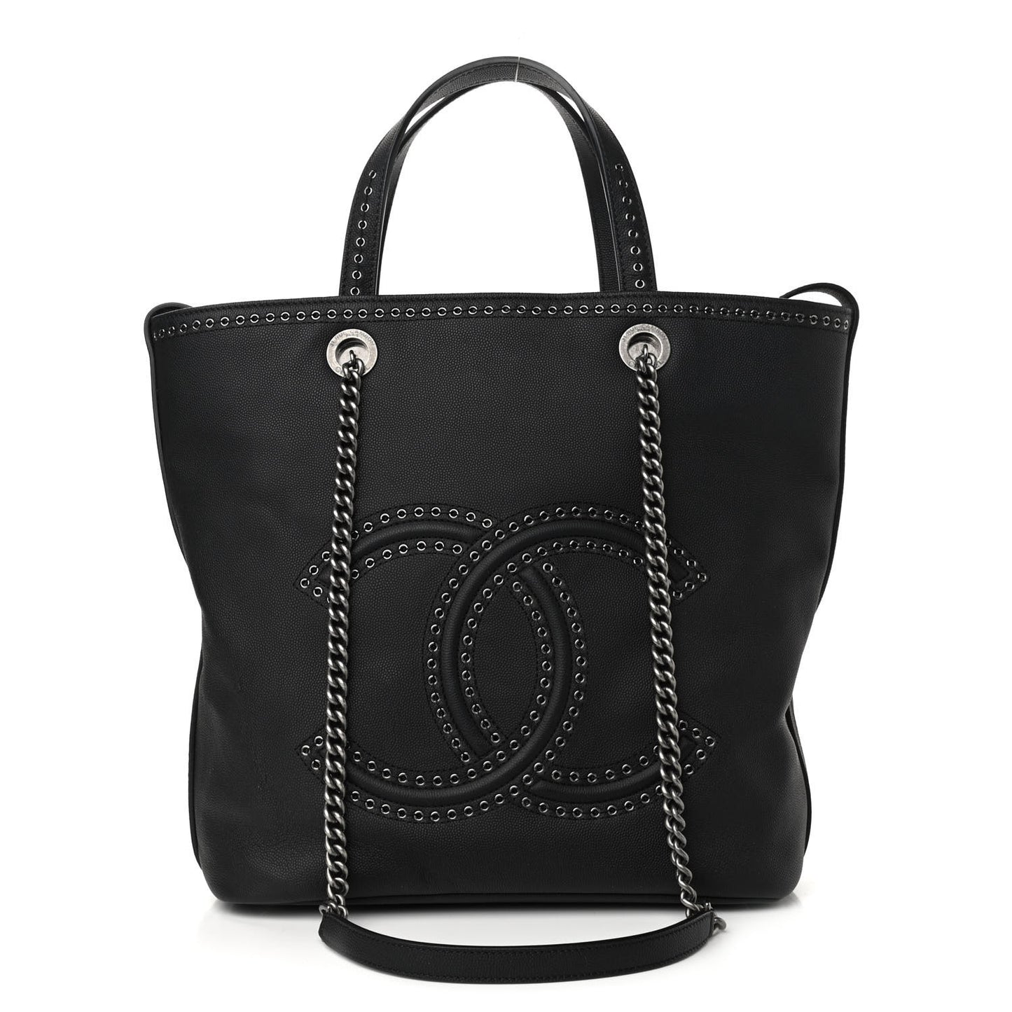 Grained Calfskin Small Coco Eyelets Shopping Tote Black